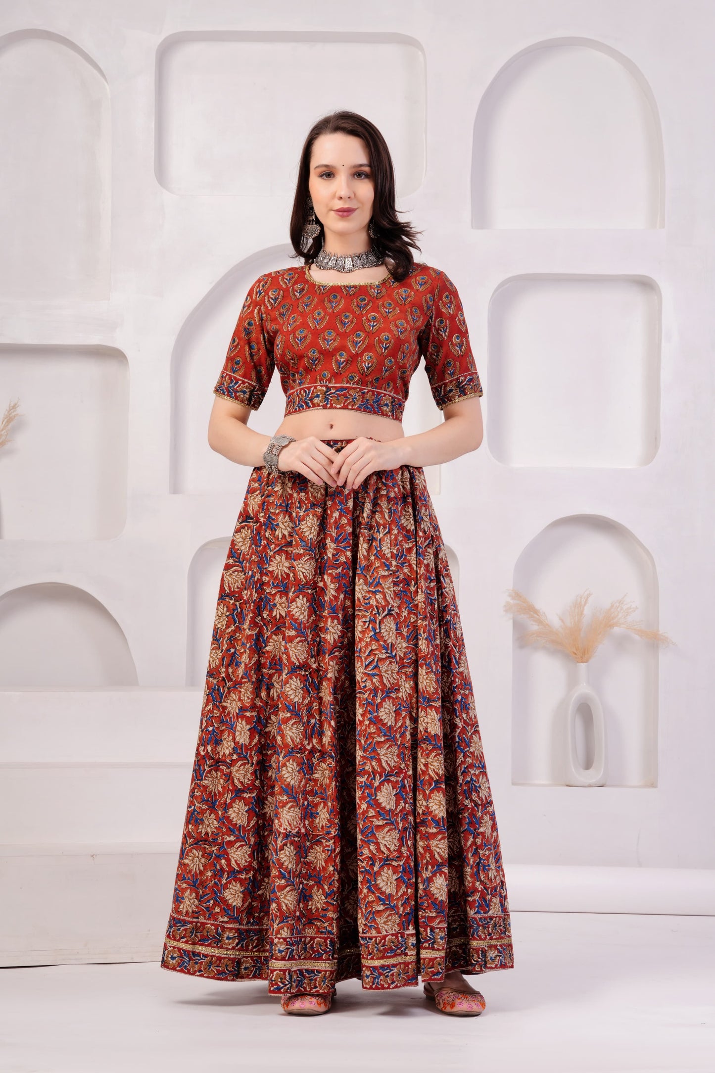 Brick red Mul Cotton Lehenga Set