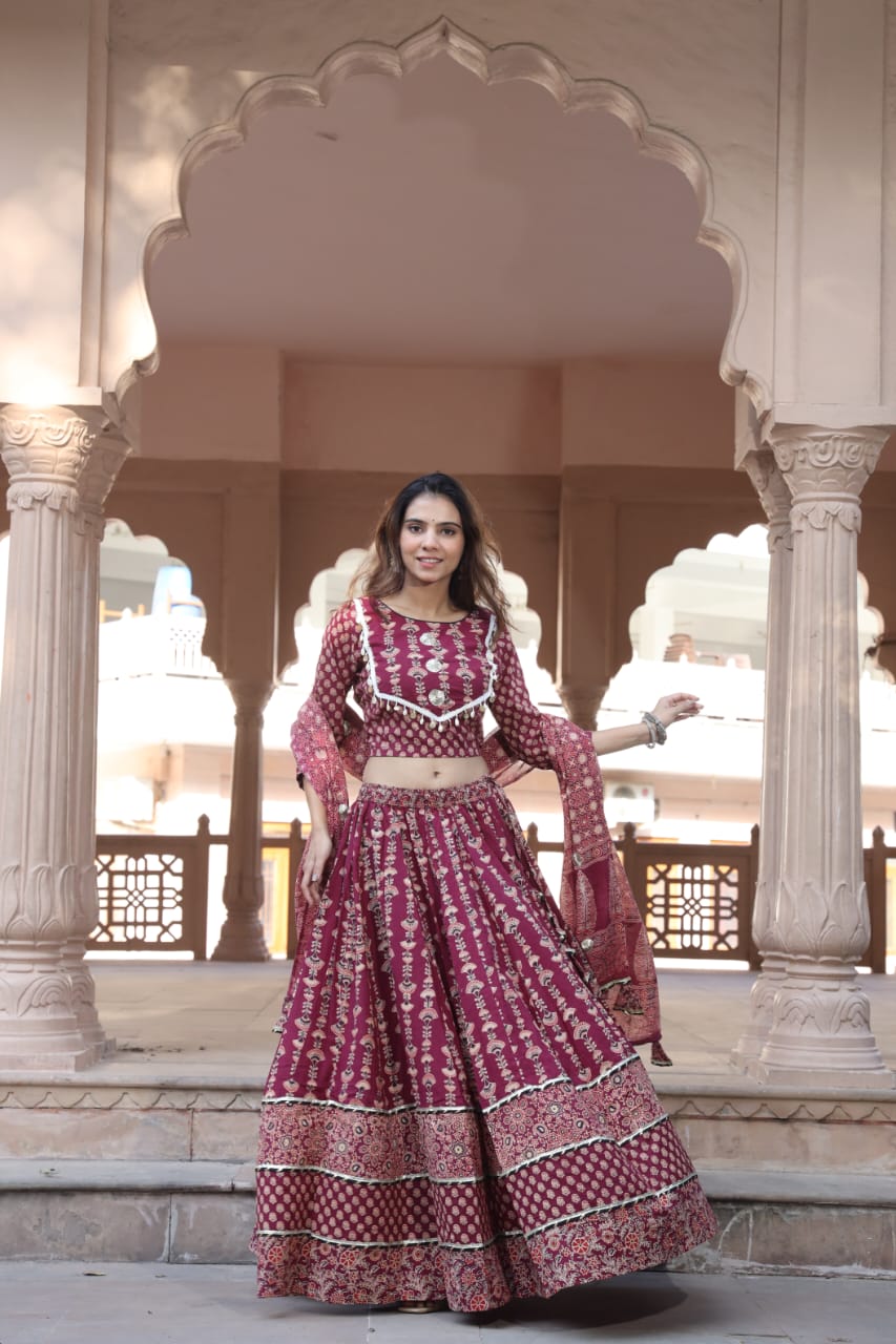 Burgundy Mul Cotton Lehenga Set with Block prints