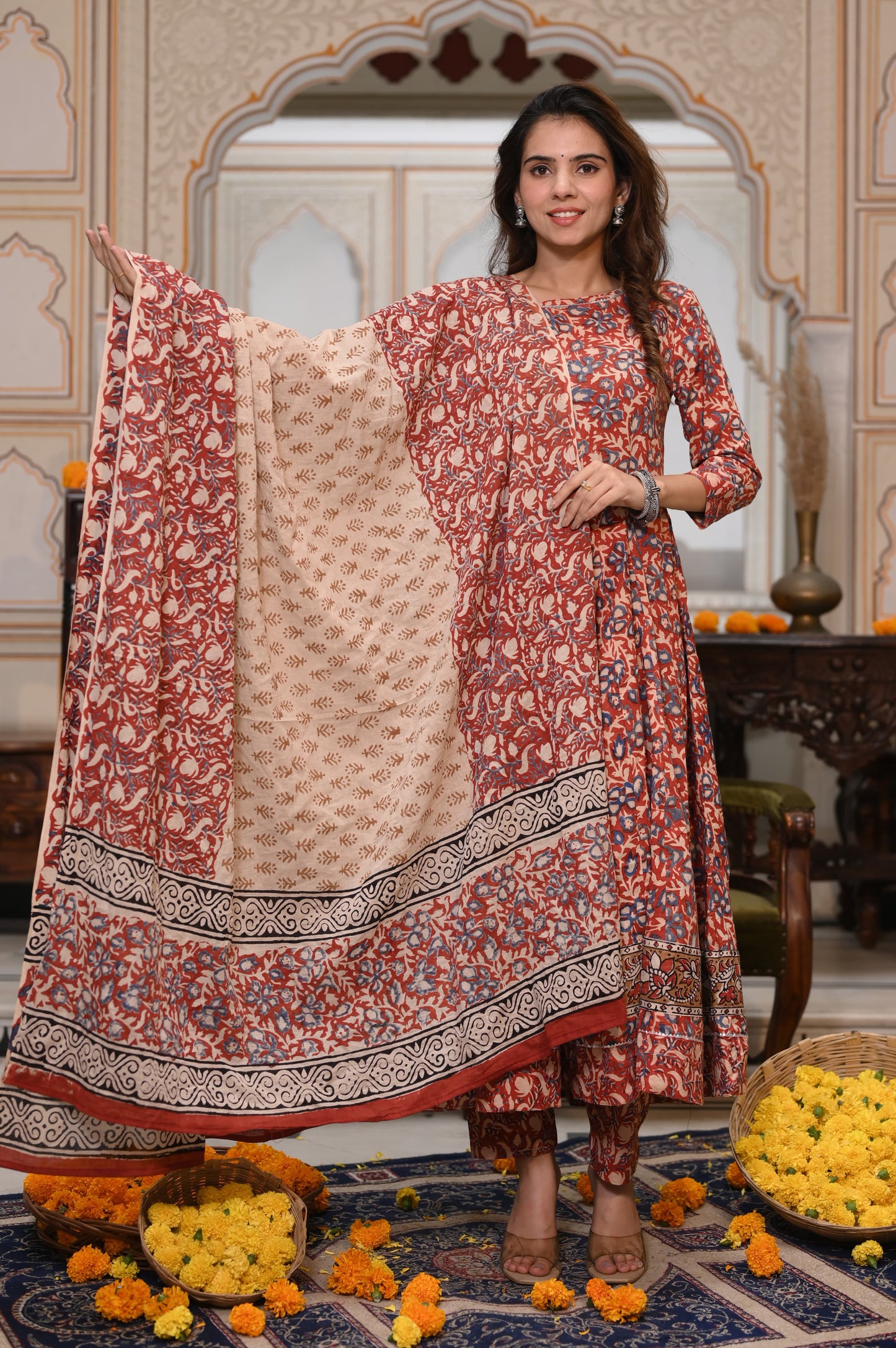 Brick red Ajrakh Mul Cotton Anarkali Suits