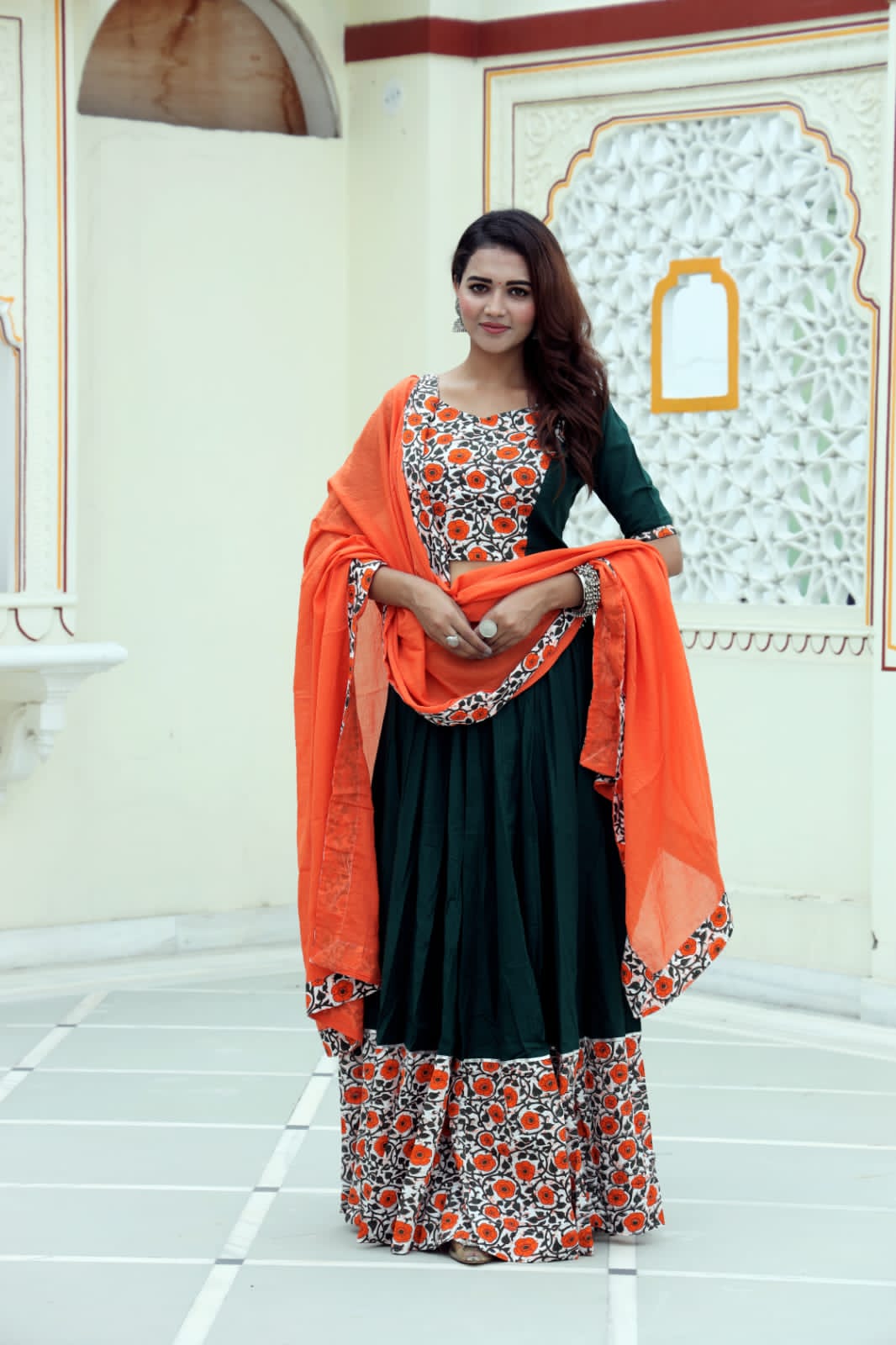 Mul Cotton Lehenga Set in Green Orange combo