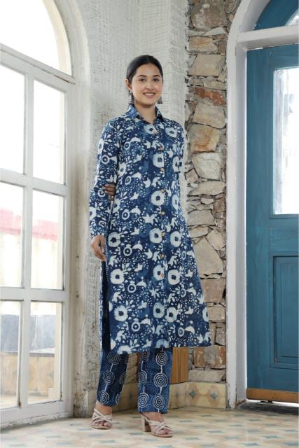 Indigo block Cotton Shirt Collar Kurta Pant Set