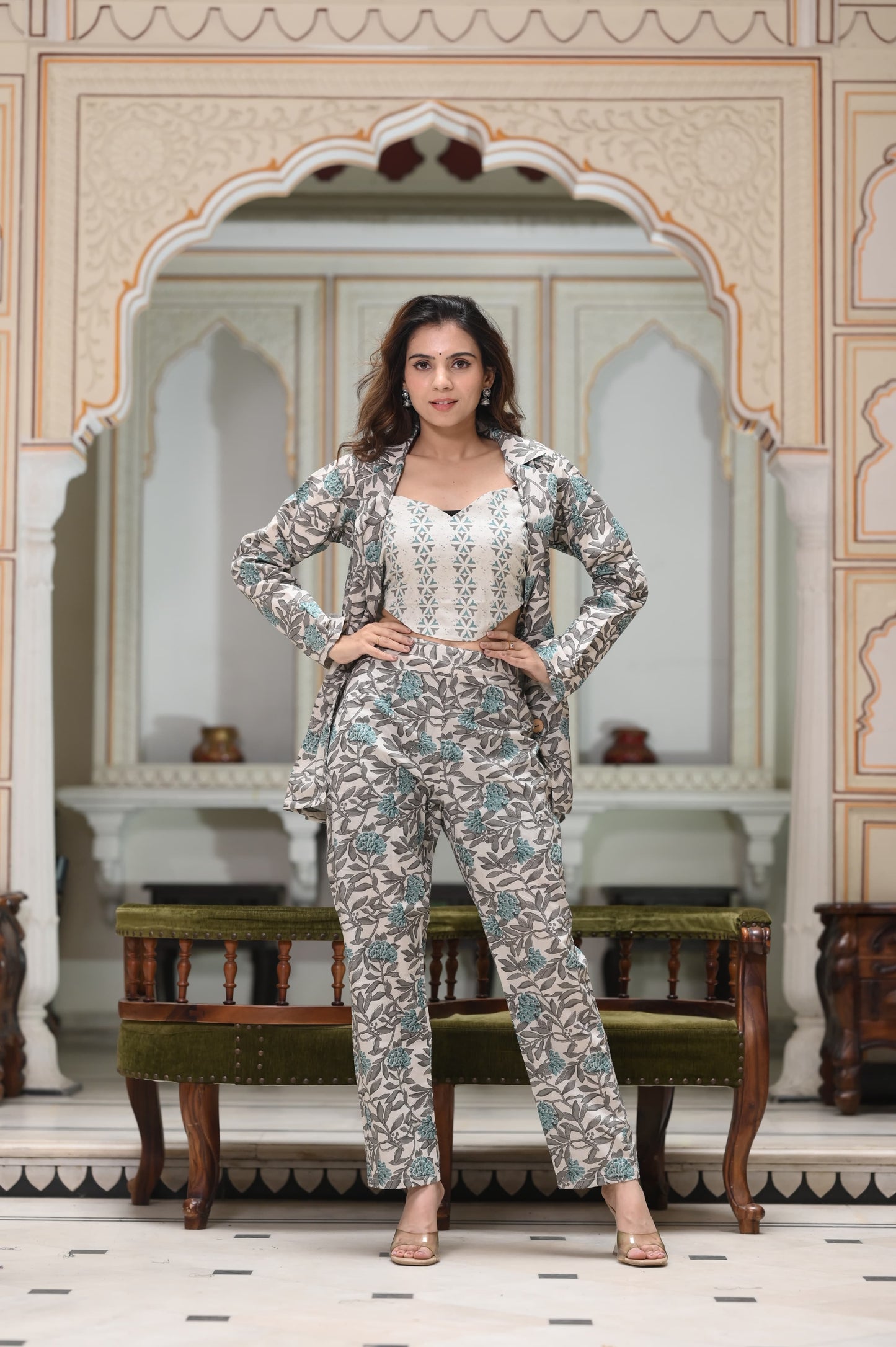 Pastel Floral Coat & Trousers Set For Women