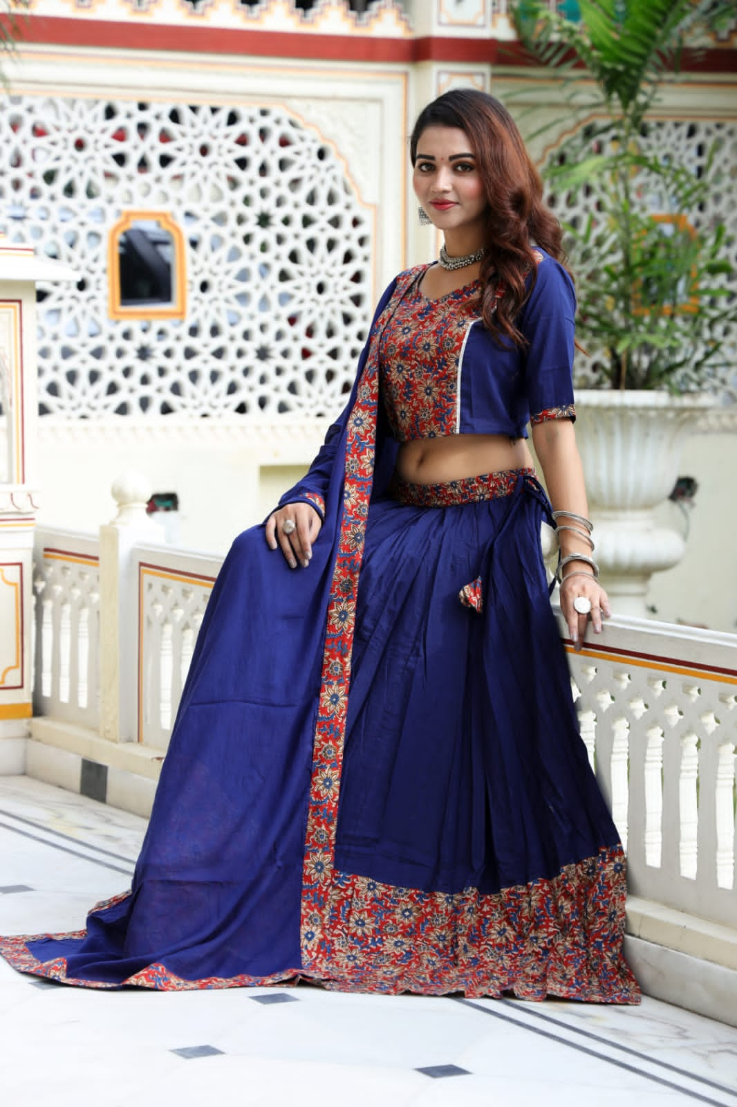 Dark Blue block printed Mul Cotton Lehenga Set