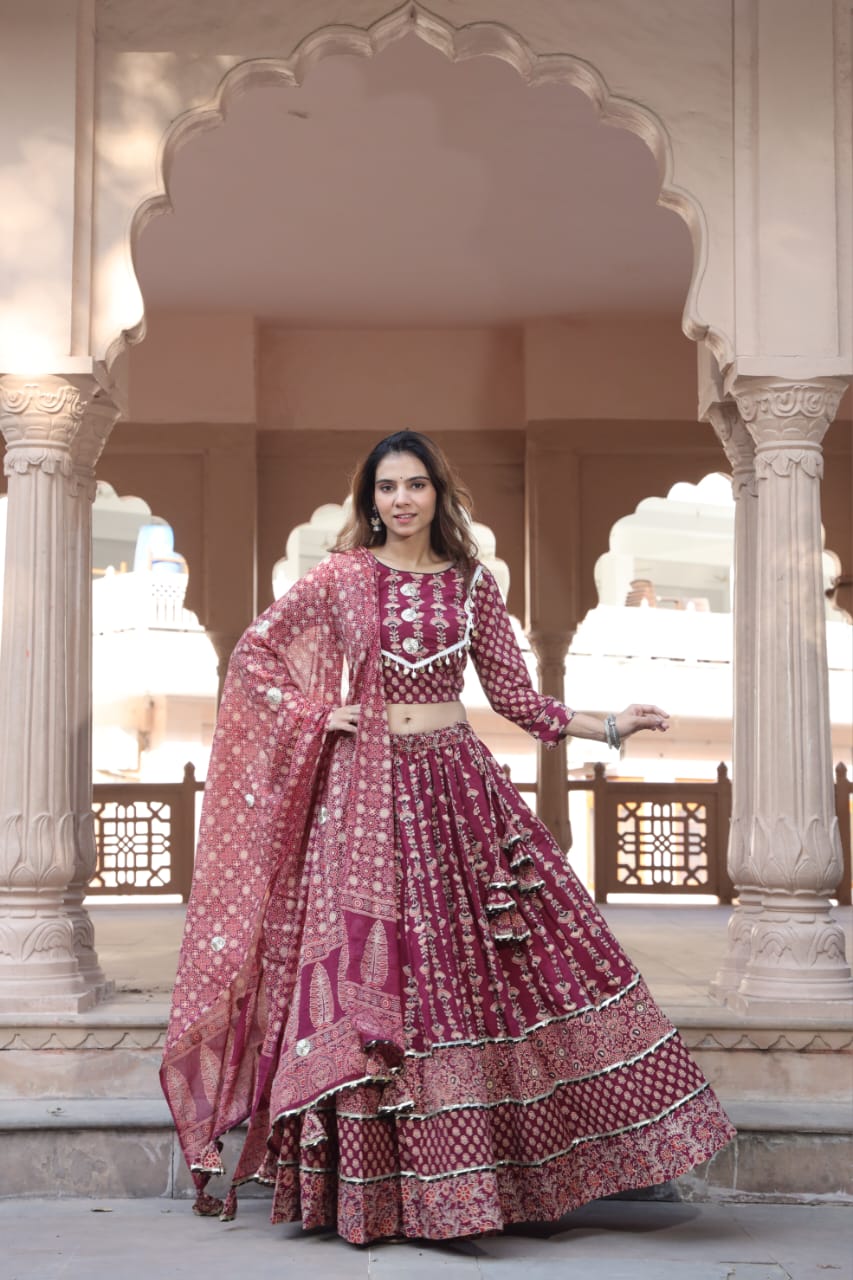 Burgundy Mul Cotton Lehenga Set with Block prints