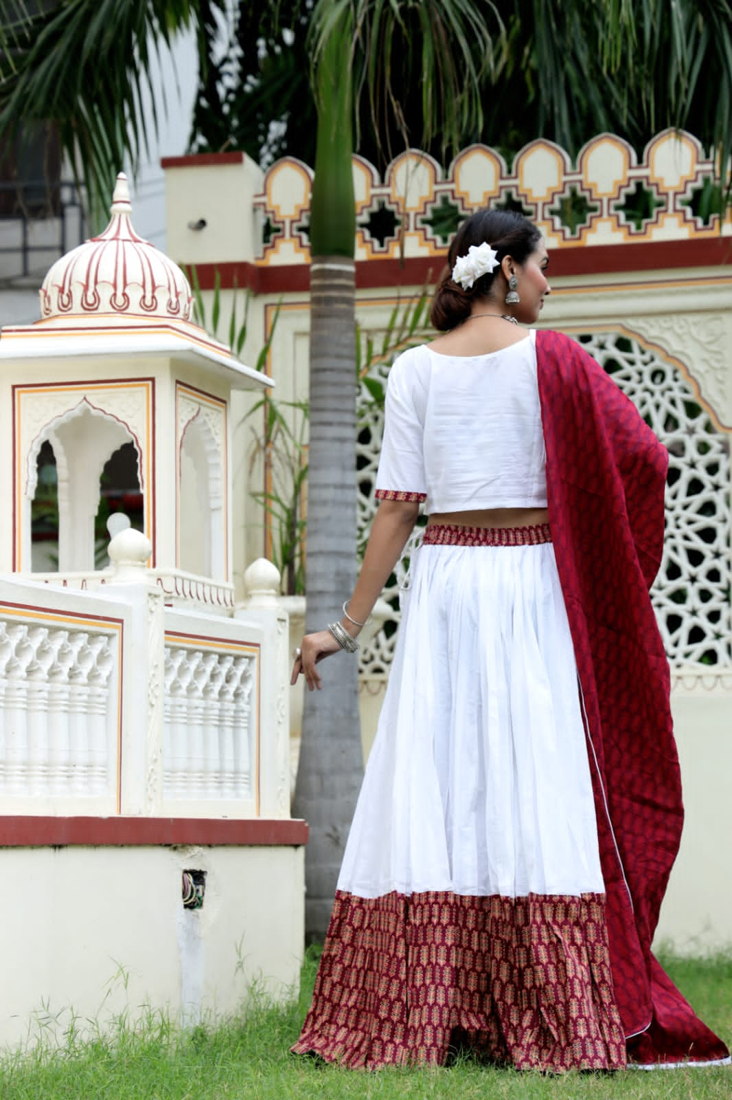 Mul Cotton Lehenga Set in Red and white combo