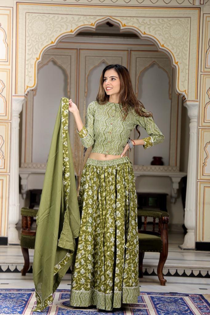 Olive Mul Cotton Lehenga Set