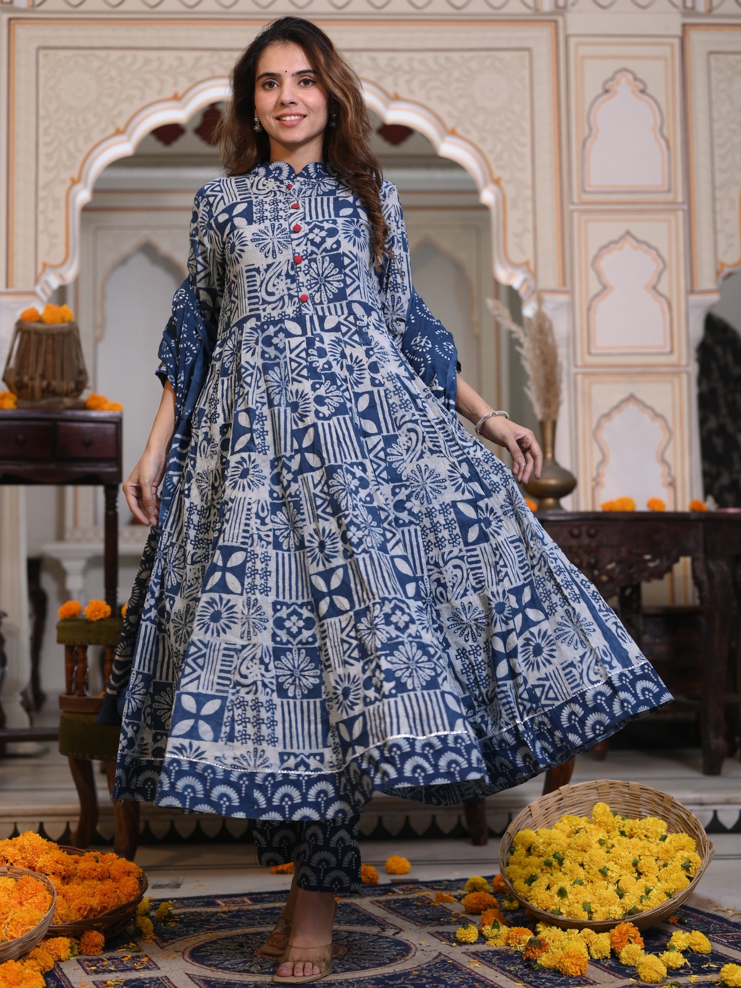 Indigo Ajrakh Mul Cotton Anarkali Suits