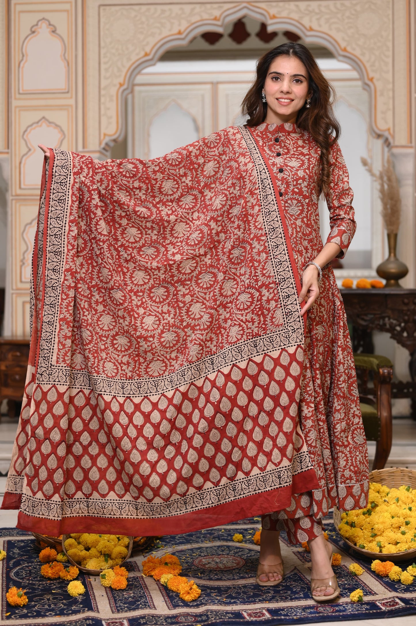 Brick red Ajrakh Mul Cotton Anarkali Suits