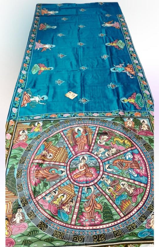 Pattachitra Buddha blue Handpainted Silk sarees
