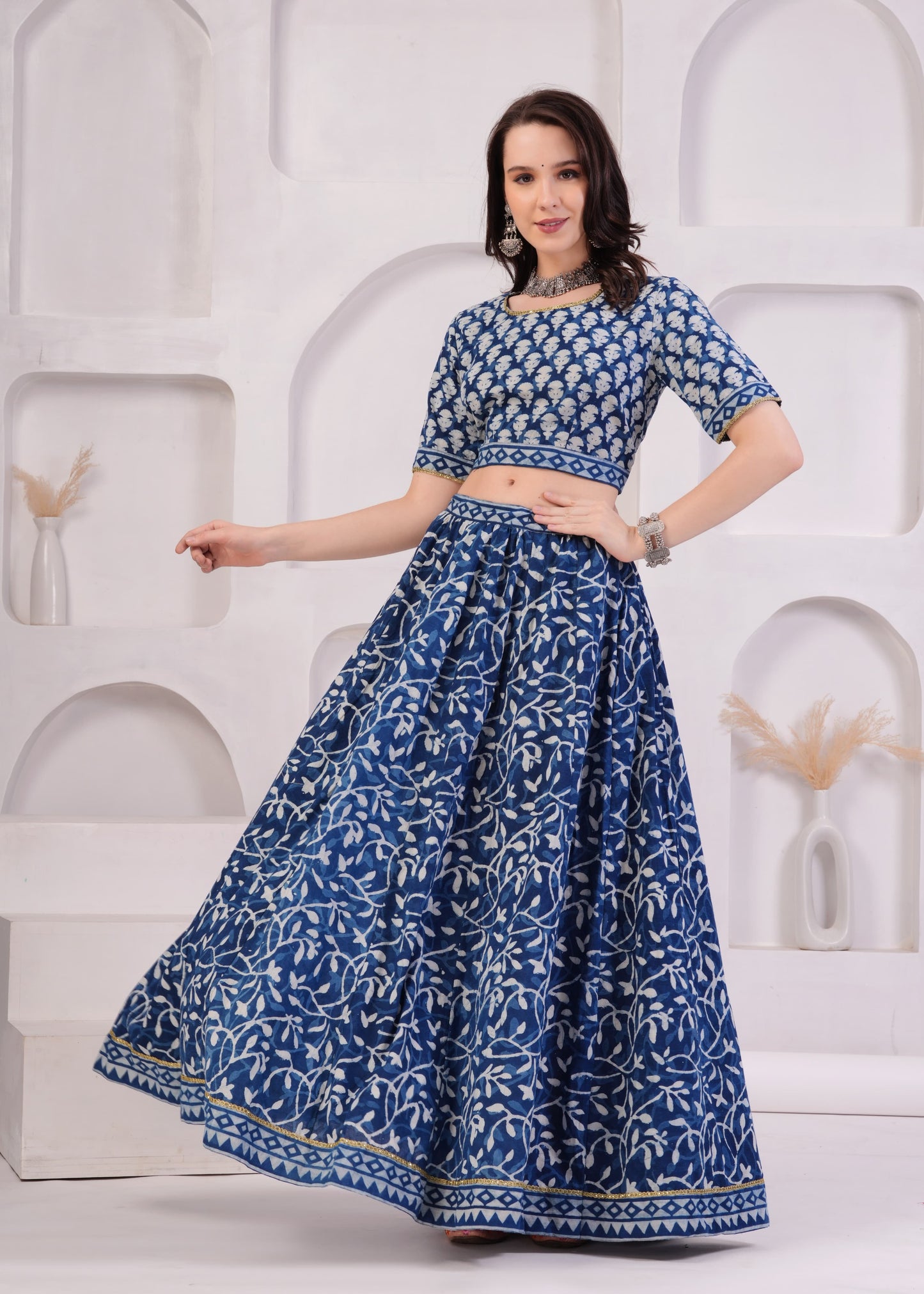 Indigo block printed Mul Cotton Lehenga Set