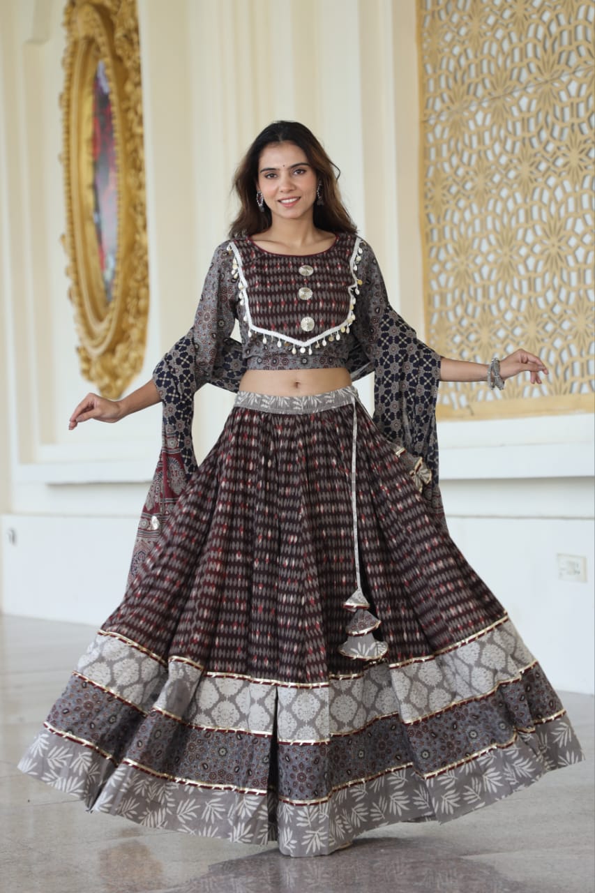 Neutral Shade Mul Cotton Lehenga Set with Block prints