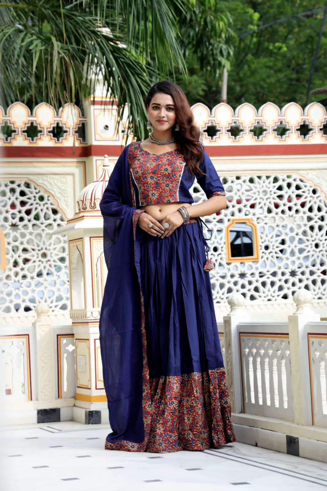 Dark Blue block printed Mul Cotton Lehenga Set