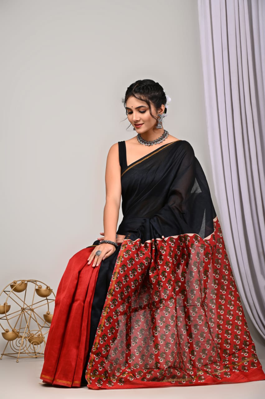 Black Block Chanderi Silk saree