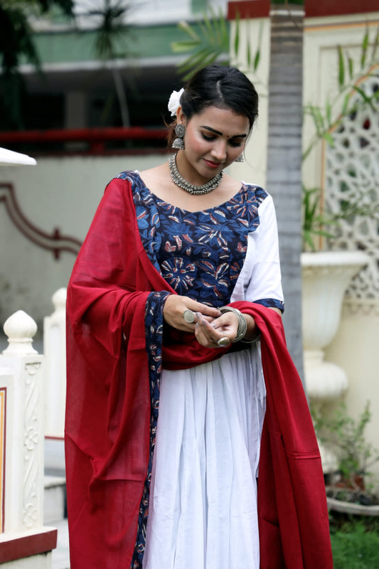 Mul Cotton Lehenga Set in white and blue combo