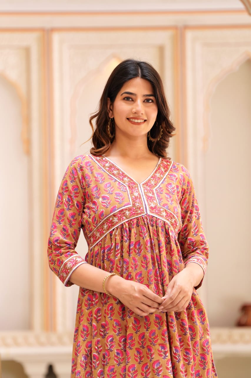 Marigold Pink print Mul Cotton Dress