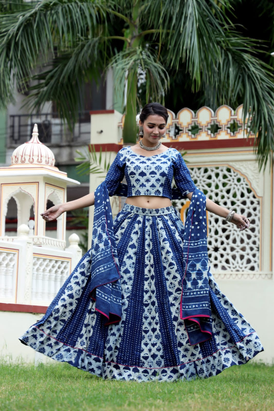 Natural Indigo block printed Mul Cotton Lehenga Set