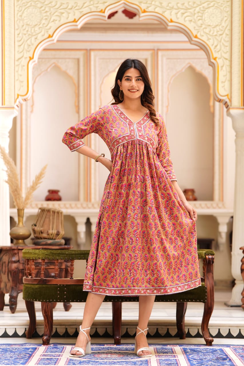 Marigold Pink print Mul Cotton Dress