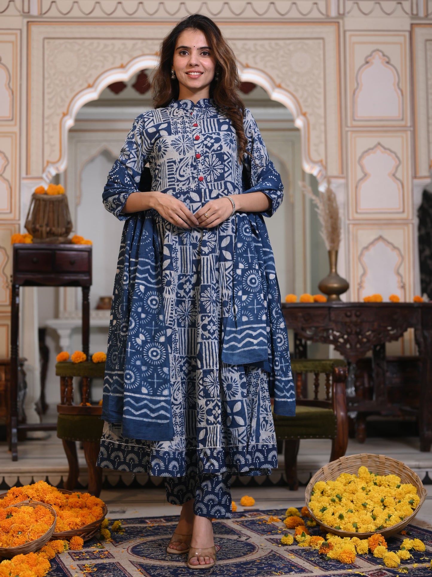 Indigo Ajrakh Mul Cotton Anarkali Suits