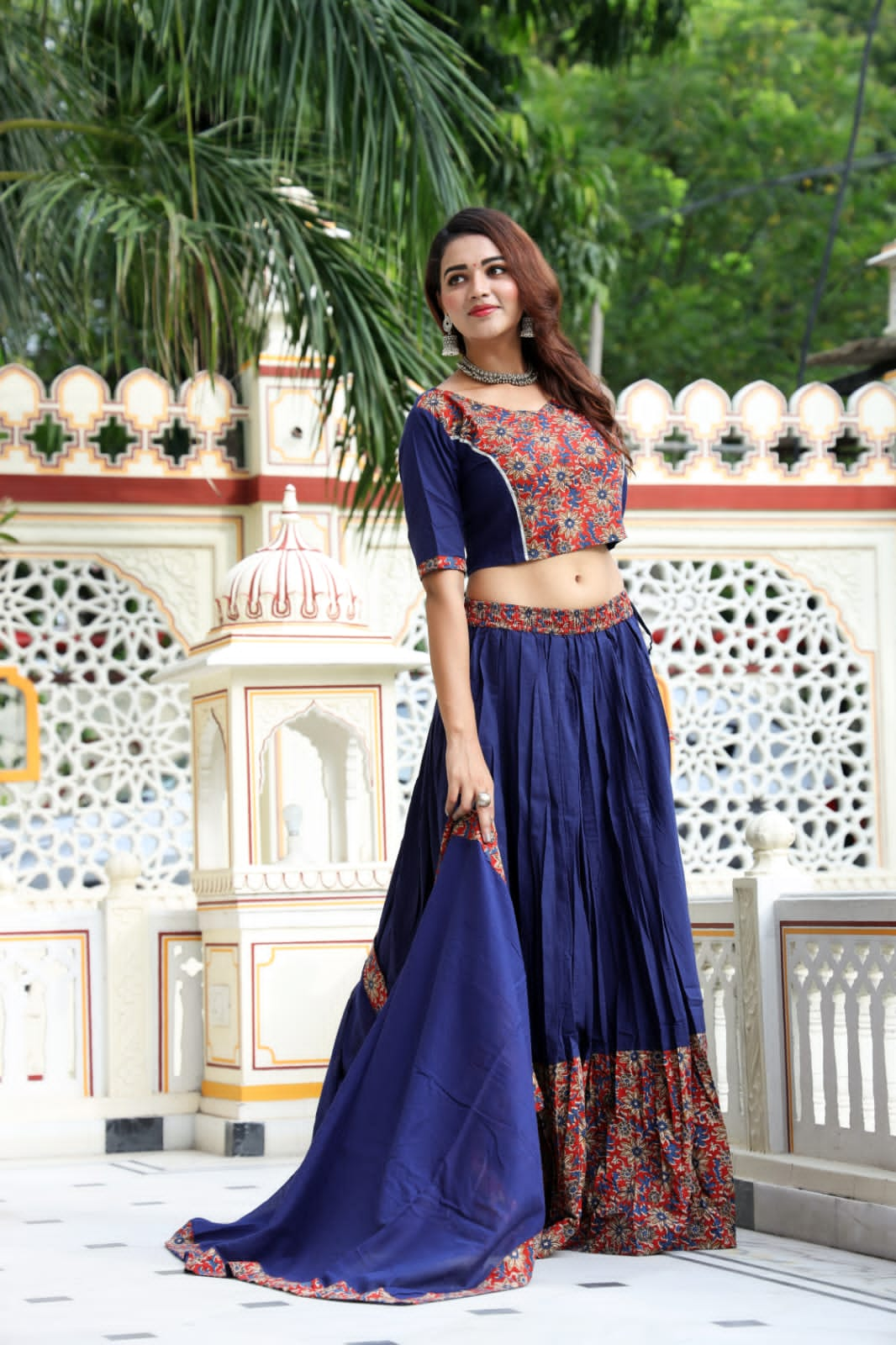 Dark Blue block printed Mul Cotton Lehenga Set