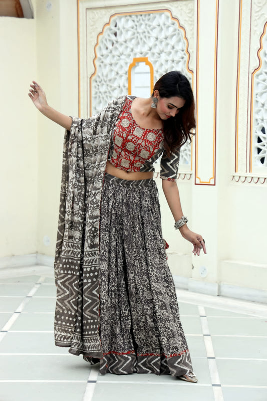 Grey block printed Mul Cotton Lehenga Set