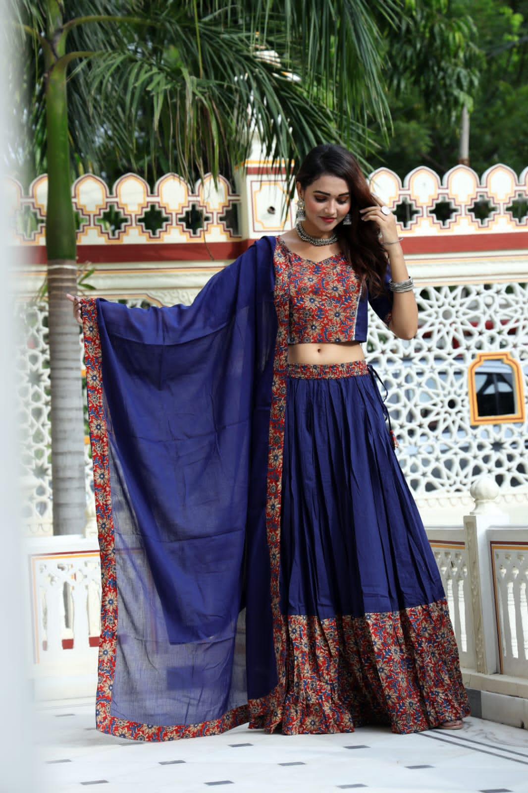 Dark Blue block printed Mul Cotton Lehenga Set