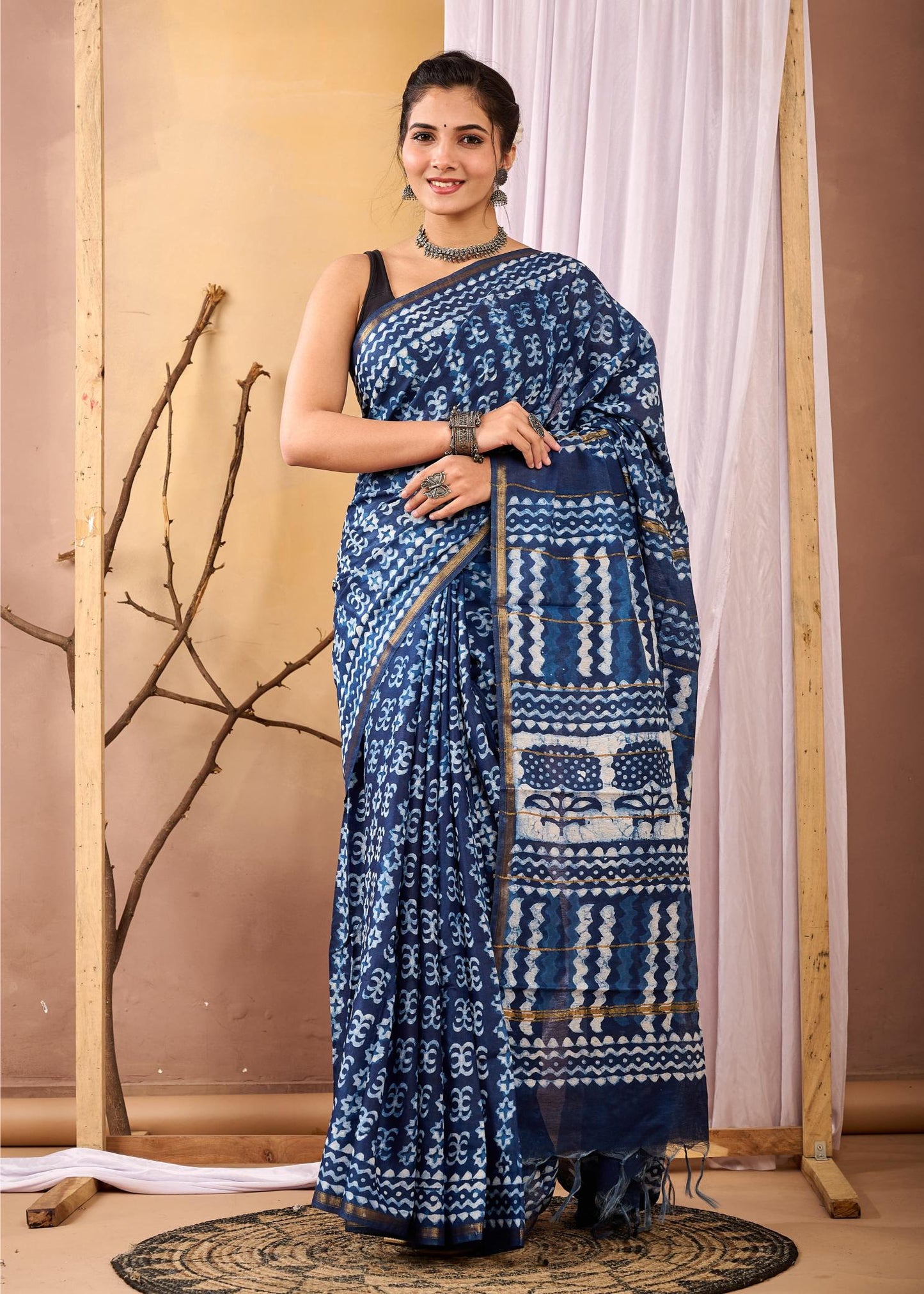 Floral Indigo Chanderi Silk Saree, Natural Chanderi Silk Saree, Indigo Chanderi Silk Saree, Indigo Sarees, Natural Indigo Sarees, Handmade Indigo Sarees, Block printed Indigo Sarees, sarees for Women