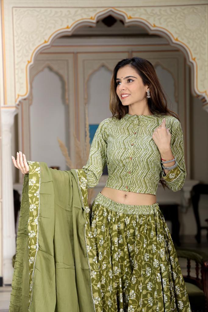 Olive Mul Cotton Lehenga Set