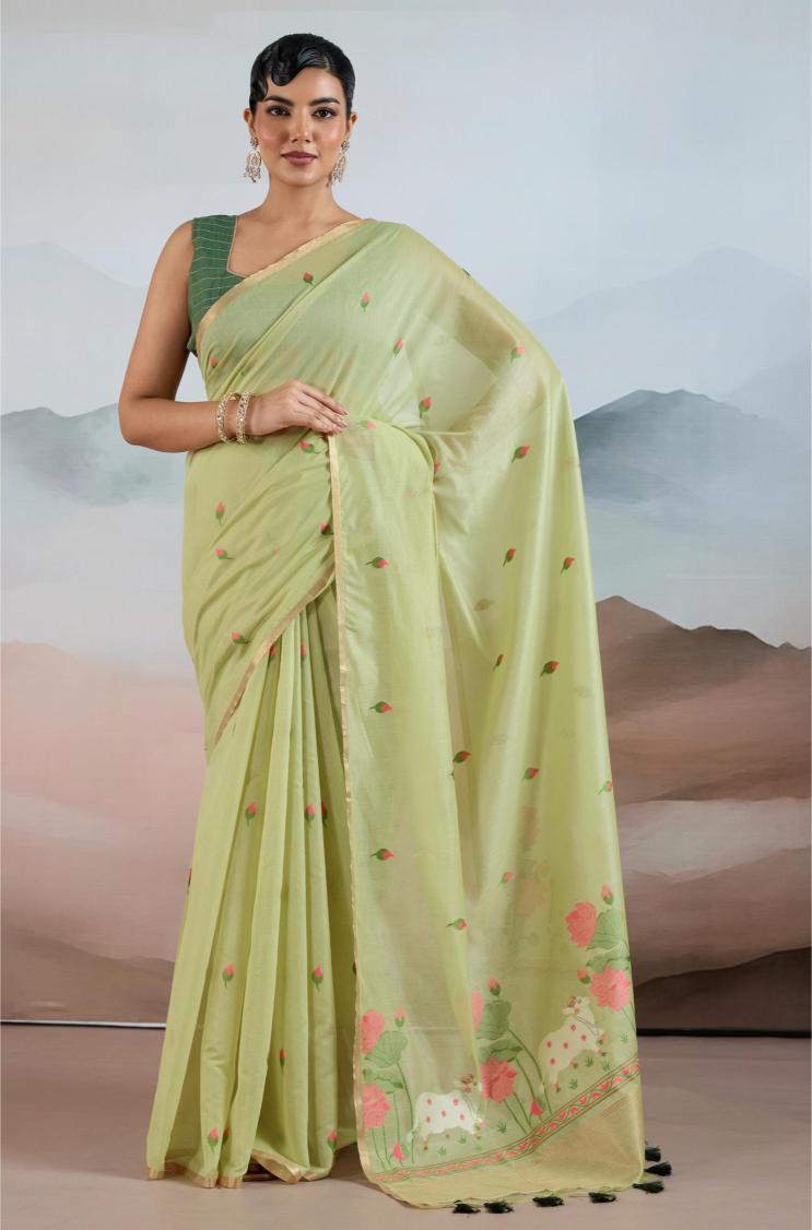 Pichwai Bloom Saree, Lime Green Handloom with Lotus and Cow Motifs