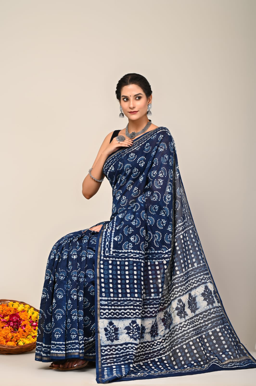 Indigo Block Chanderi Silk saree