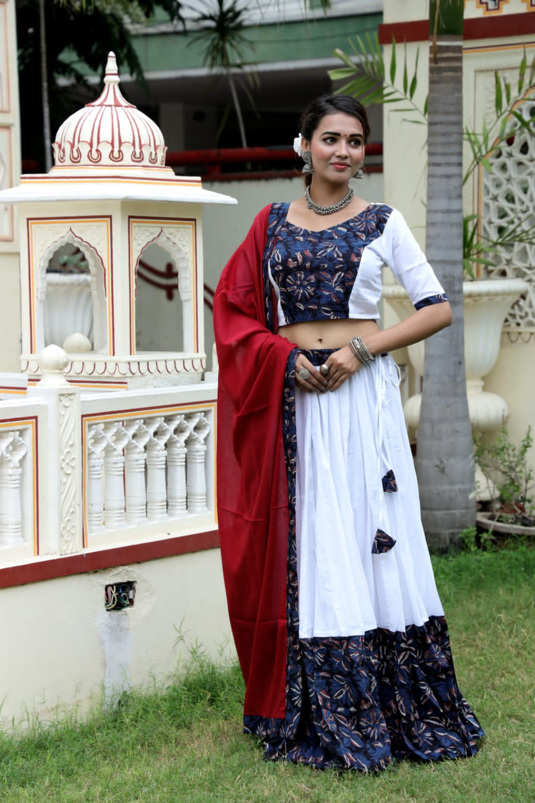 Mul Cotton Lehenga Set in white and blue combo