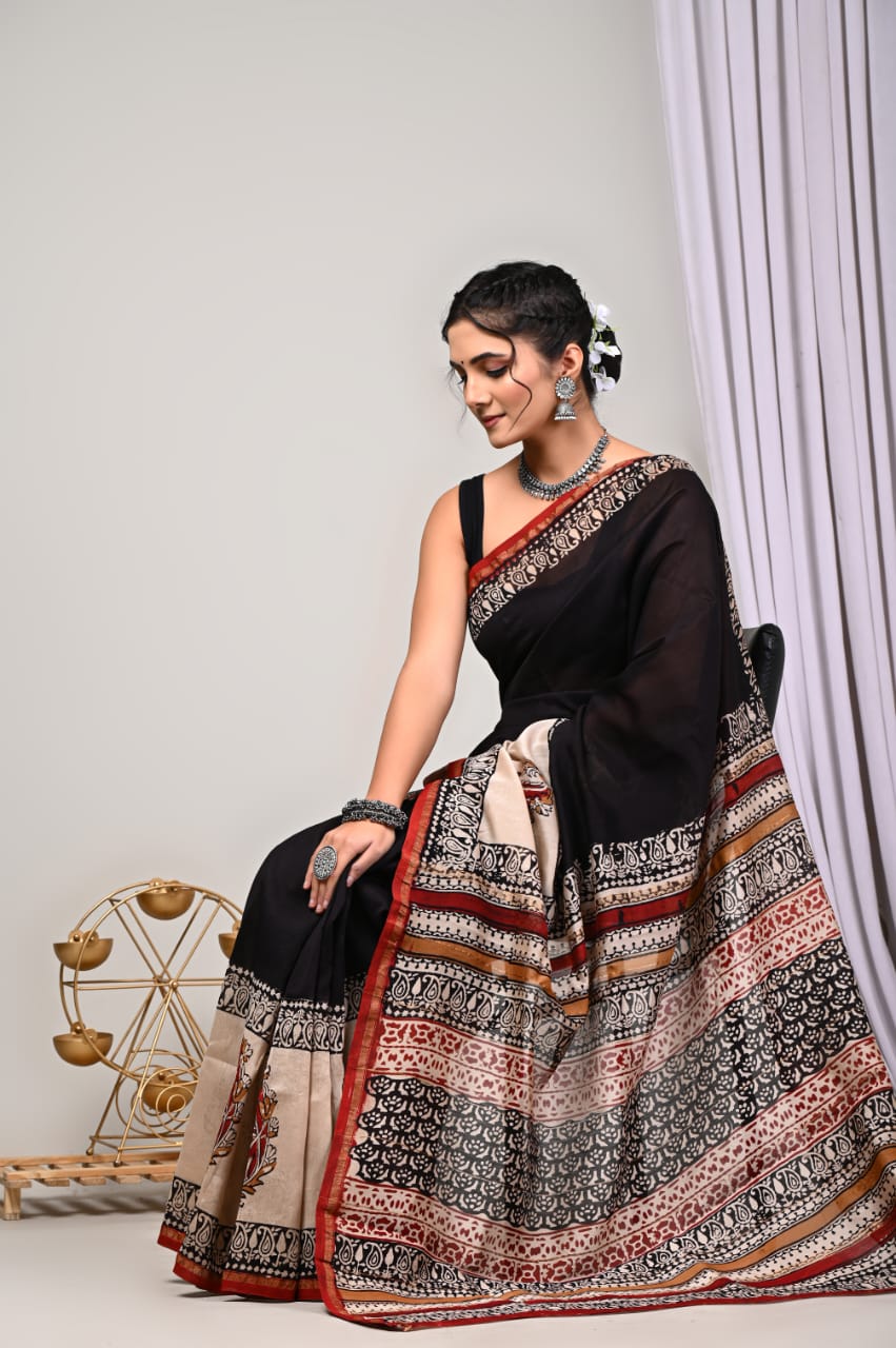 Black Block Chanderi Silk saree