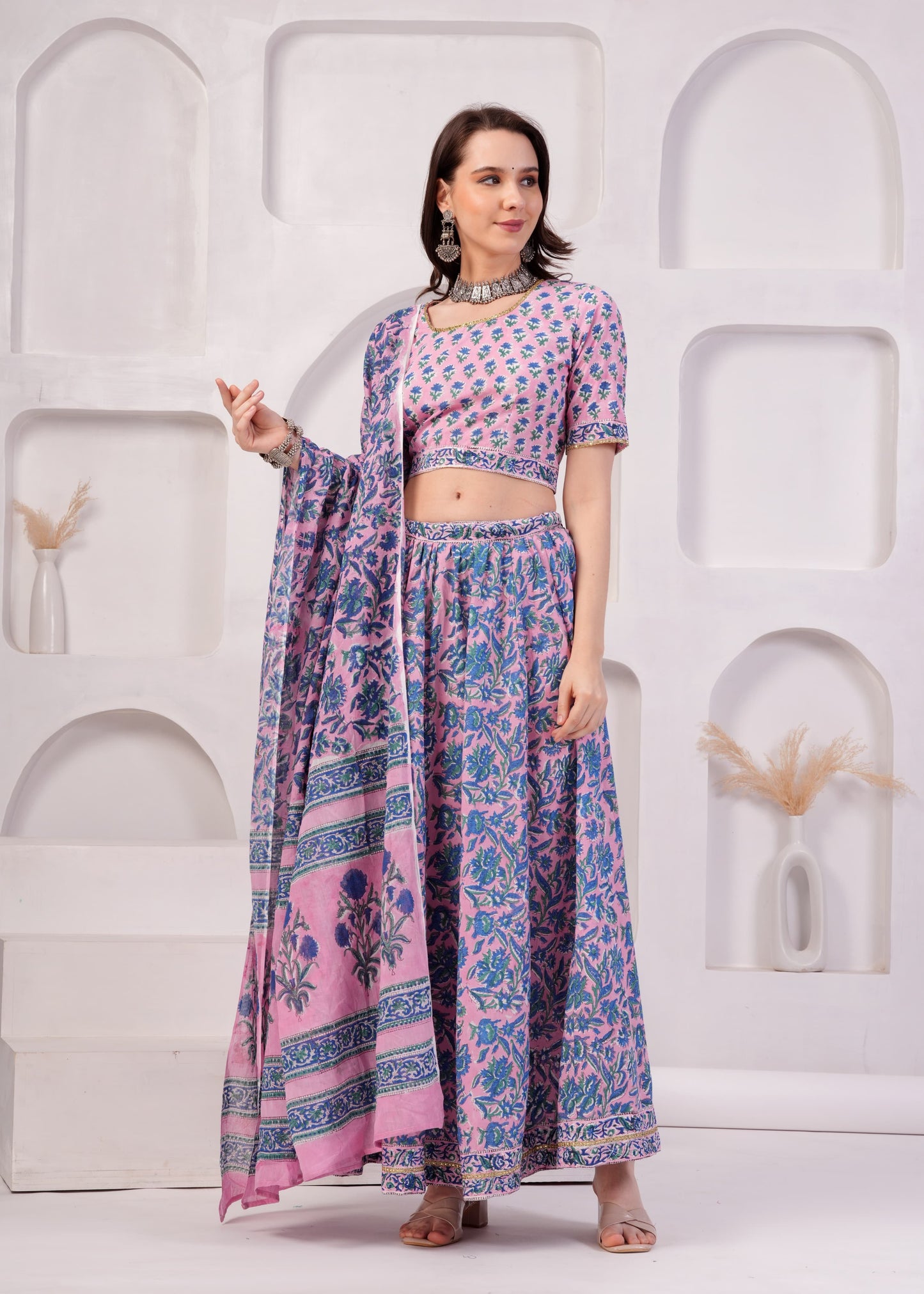 Hydrangea pink Cotton Lehenga Set