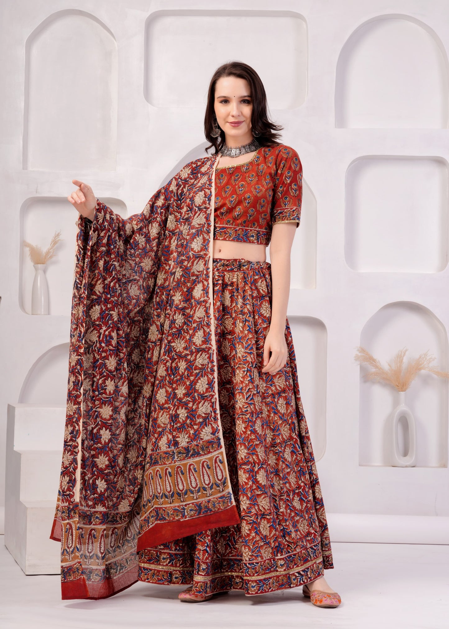 Brick red Mul Cotton Lehenga Set