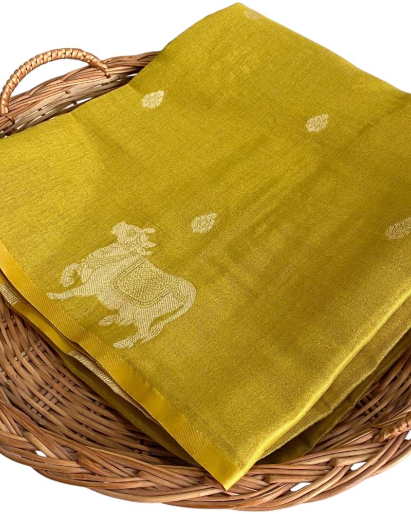 Olive Tissue Silk Saree Pichwai Weave,  Metallic Tissue Silk saree, Party Wear Saree,  light weighted sarees