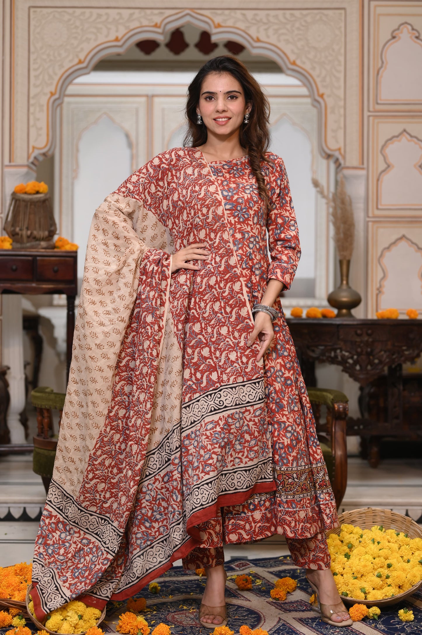 Brick red Ajrakh Mul Cotton Anarkali Suits