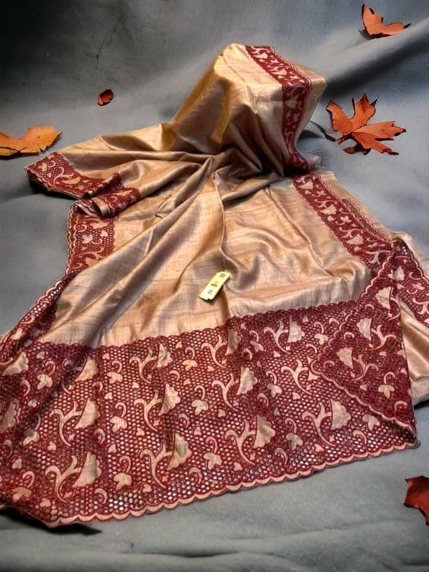 Pure Tussar Silk Embroidered Abstract Cutwork Sarees