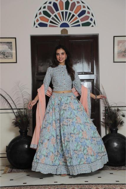 Lehenga Set For Navratri,  Cotton Lehenga set,  Mul Cotton Lehenga,  Festive Special outfit,  Lehenga , Pastel blue Lehenga 