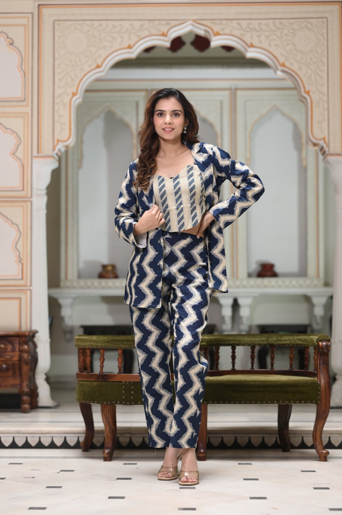 Quirky Zig Zag Coat & Trousers Set For Women