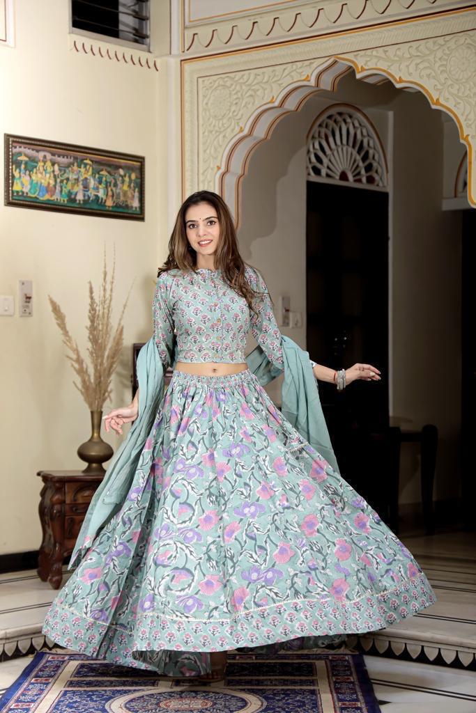 Sage Green Mul Cotton Lehenga Set