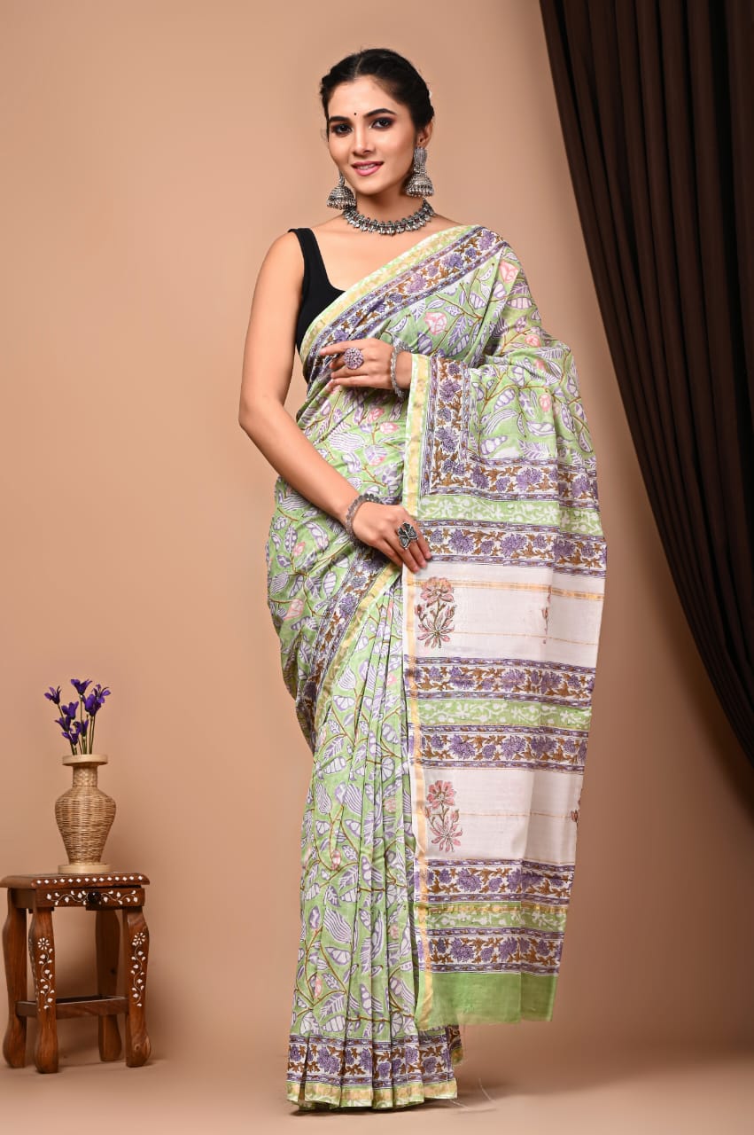 Pastel green floral block printed Chanderi Silk saree