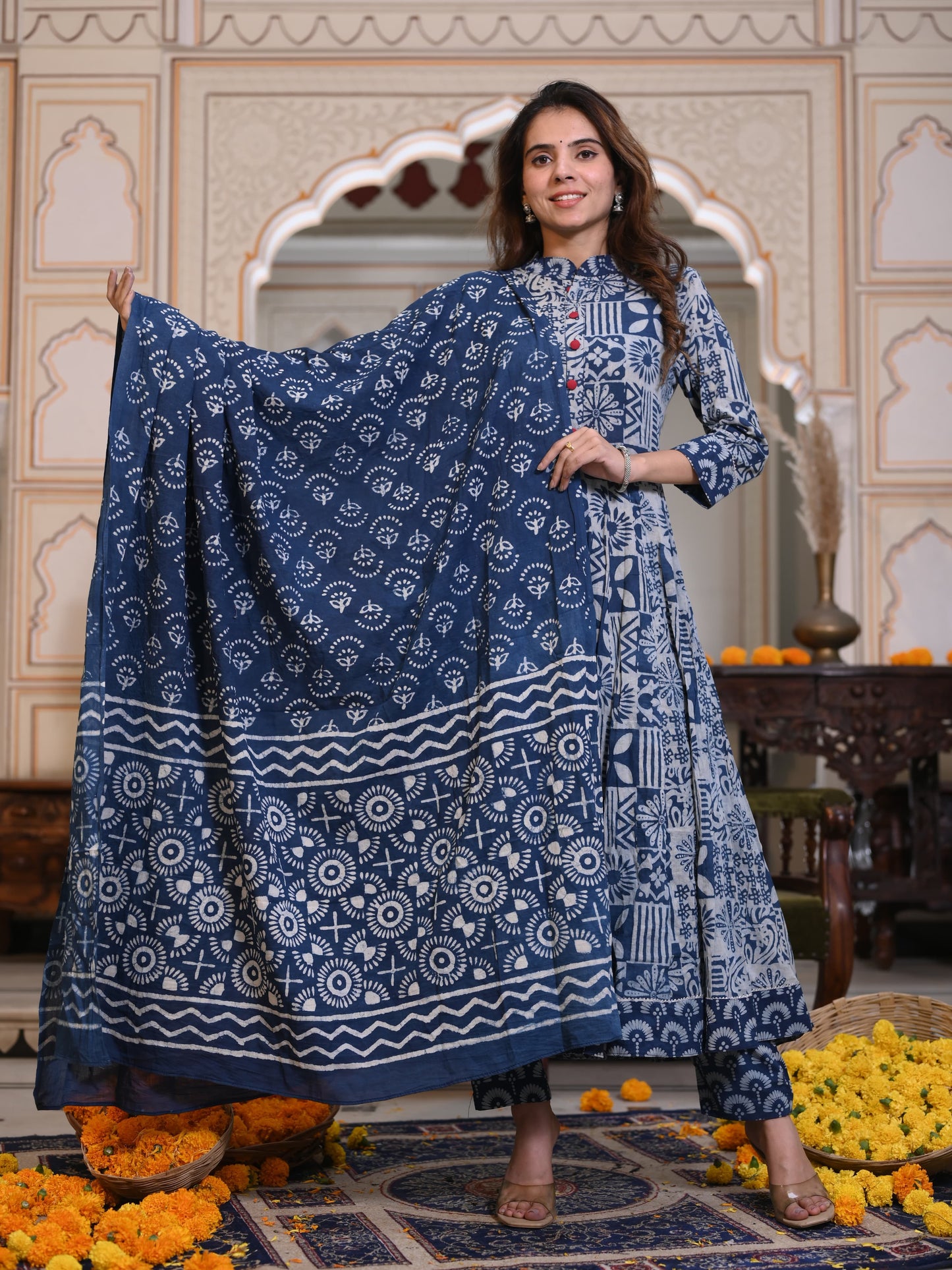 Indigo Ajrakh Mul Cotton Anarkali Suits