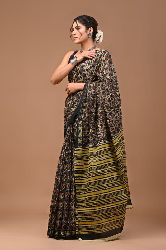 Quirky black floral Mul Cotton Saree