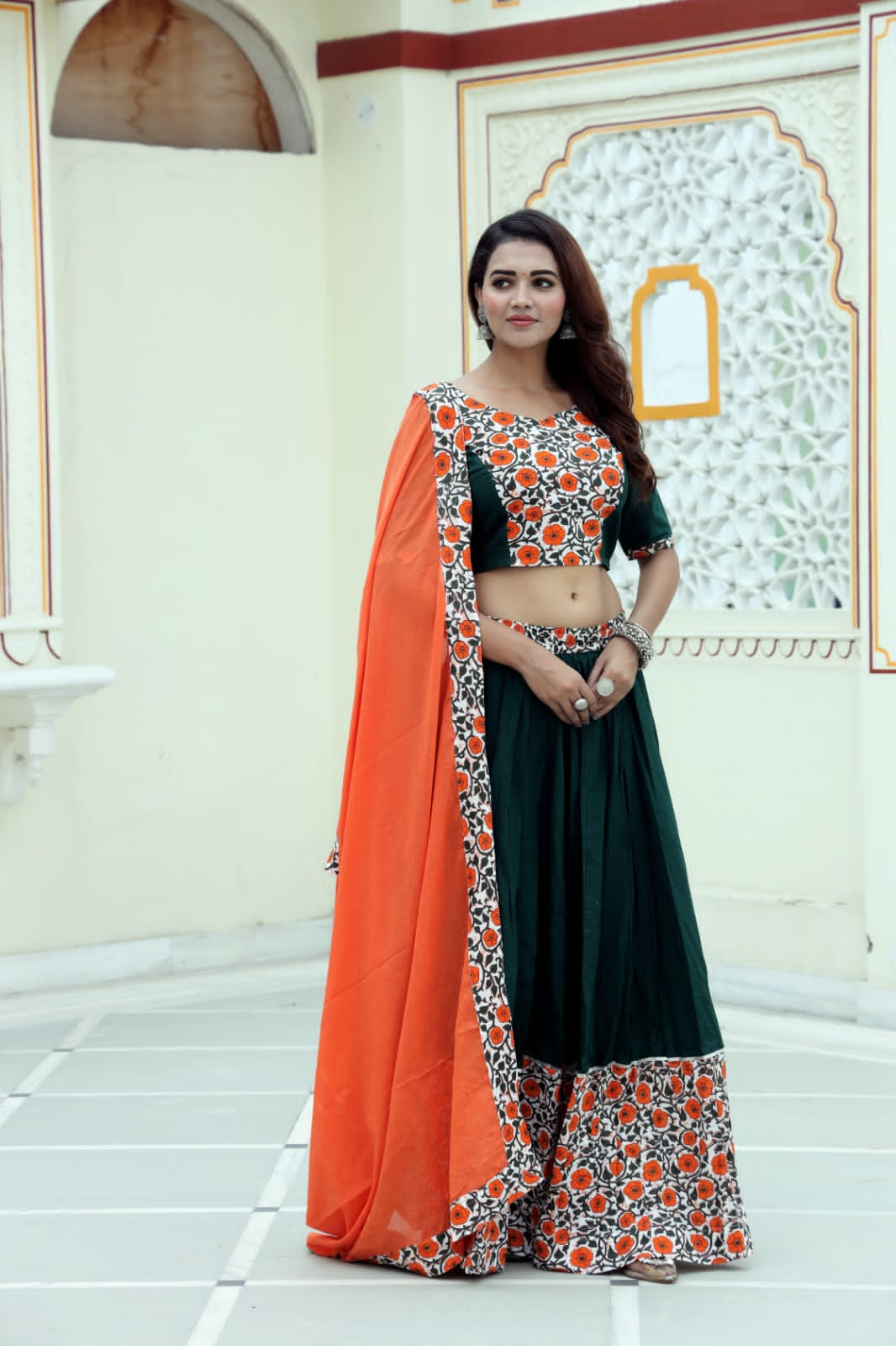 Mul Cotton Lehenga Set in Green Orange combo