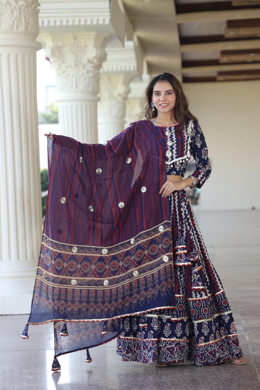 Merlot Mul Cotton Lehenga Set with Block prints