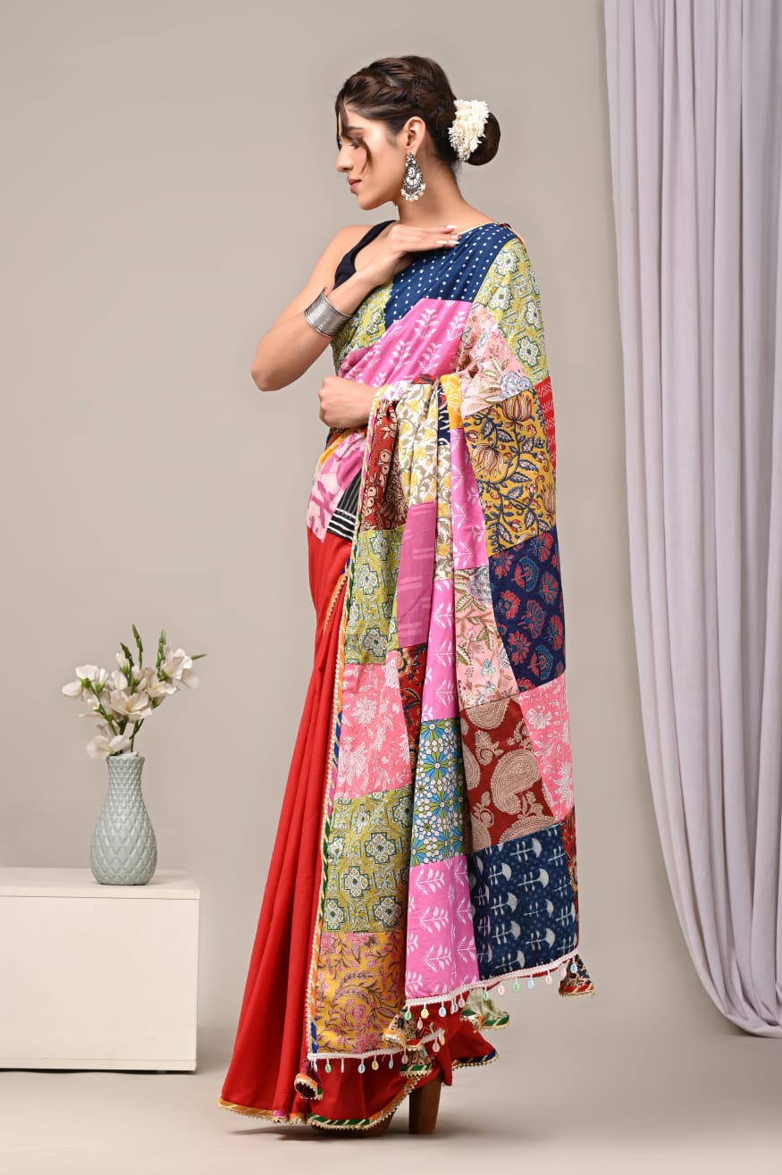 Playful Red Mul Mul Cotton Sarees