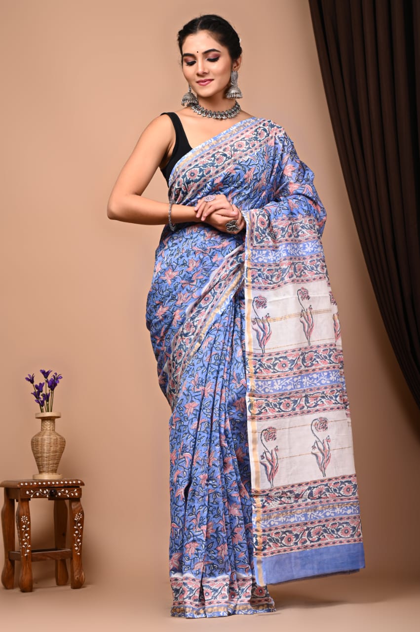 Mughal block printed Chanderi Silk saree