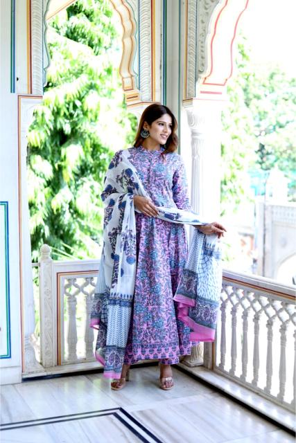 Lavender Cotton Anarkali Suit