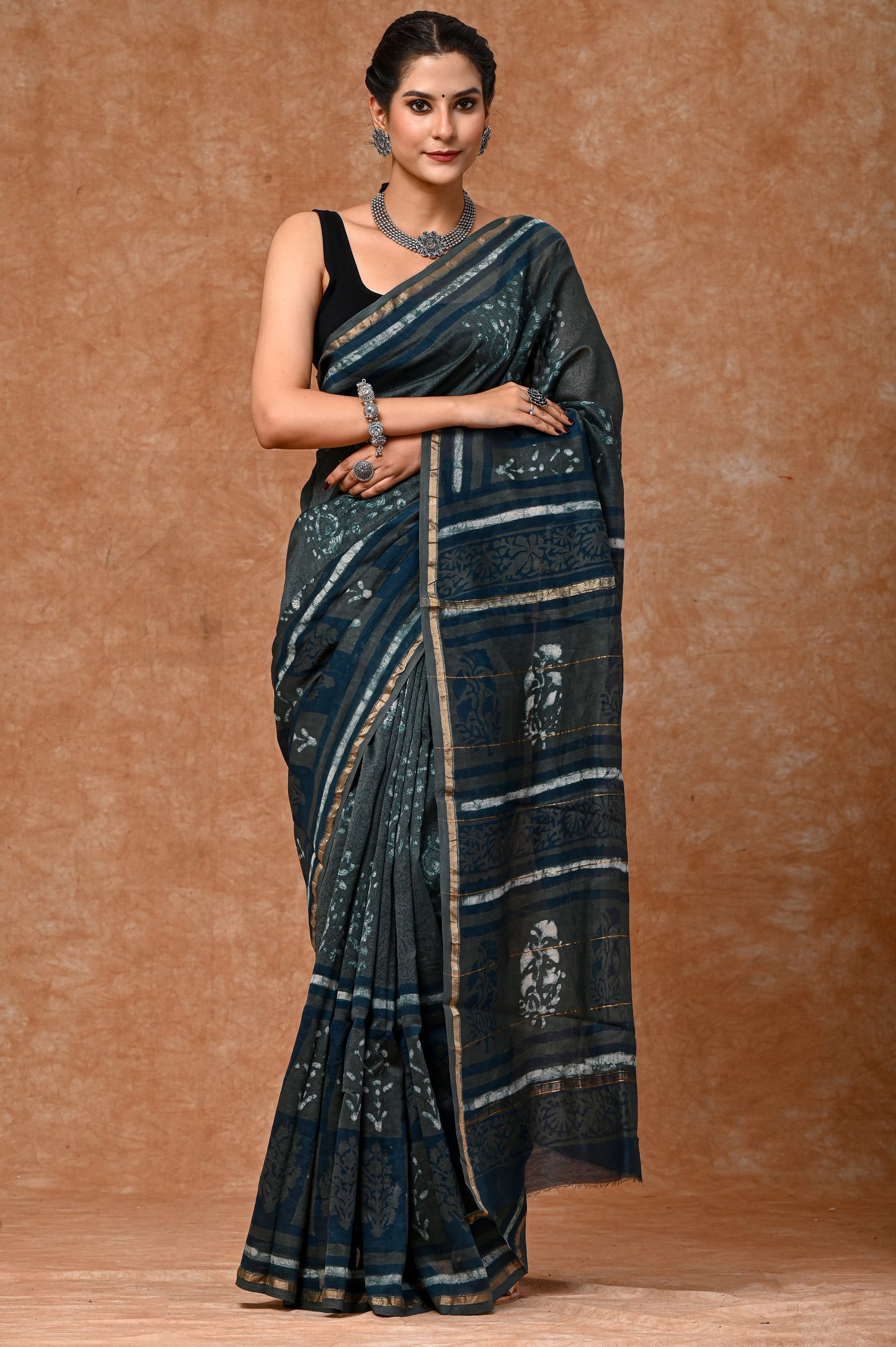 Floral bright block printed Chanderi Silk saree