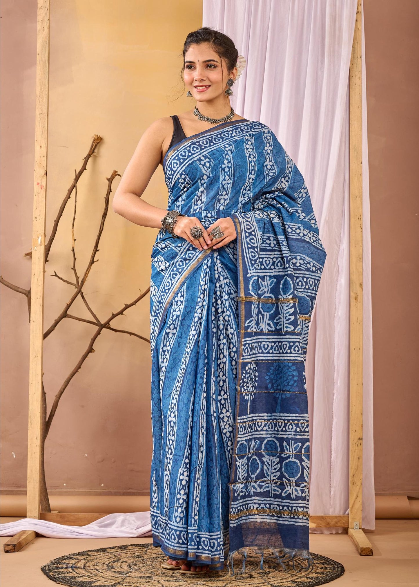 Striped Floral Indigo Chanderi Silk Saree, Natural Chanderi Silk Saree, Indigo Chanderi Silk Saree, Indigo Sarees, Natural Indigo Sarees, Handmade Indigo Sarees, Block printed Indigo Sarees, asarees for Women