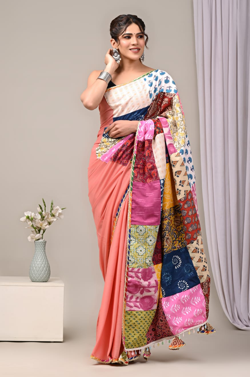 Peach Playful Mul Mul Cotton Sarees